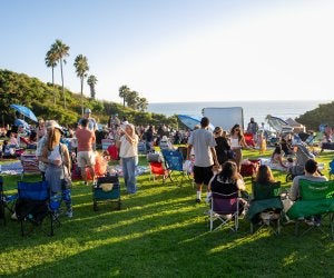 crowd of people on grassy elevated hill by beach. outdoor movie night